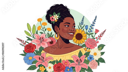 A young woman surrounded by vibrant flowers in a lush garden scene viewed from the front