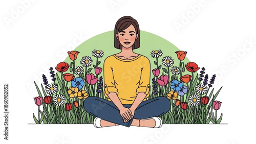 Woman meditating peacefully in a vibrant garden surrounded by colorful flowers