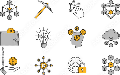 Cryptocurrency blockchain icons set, bitcoin mining wallet technology, digital currency security network, crypto innovation decentralization finance concept illustration collection