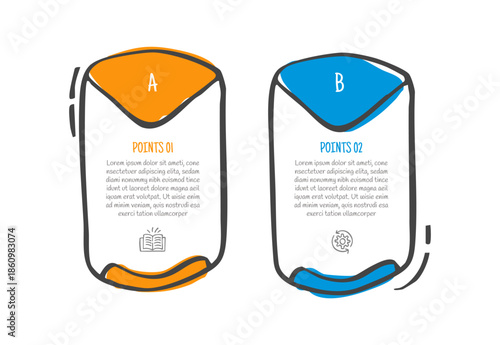 hand drawn doodle sketch comparison concept for infographic template banner with tall box container with triangle badge on top with two point list information