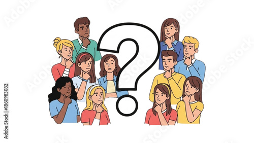 Diverse group of people gathered around a large question mark, contemplating and discussing together