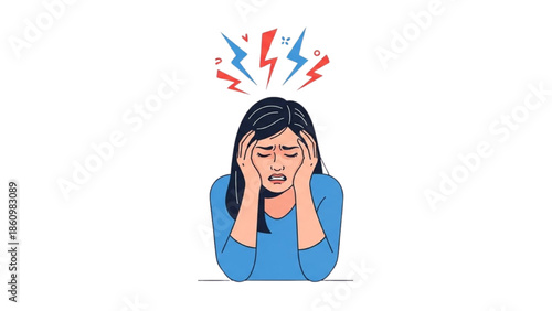 A woman experiencing stress and anxiety with a headache, sitting alone in a calm environment, viewed from the front.