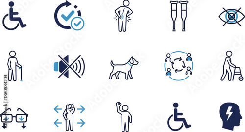 Disability accessibility icons set, medical assistance support symbols, inclusive care mobility aids, deaf blind assistance, wheelchair rehabilitation healthcare illustration collection