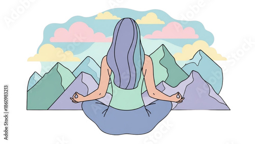 A serene woman meditates in lotus position with majestic mountains and colorful clouds in the background