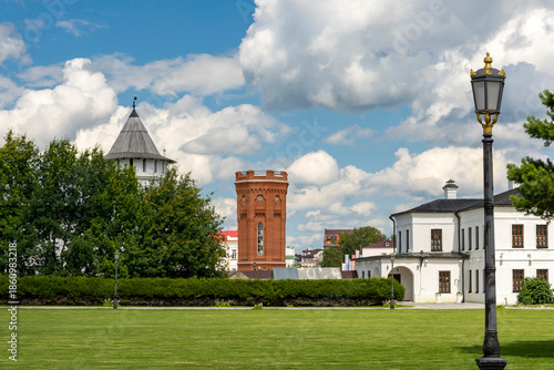 Water tower with the Kremlin in the background. Tobolsk, Tyumen Oblast, Russia.