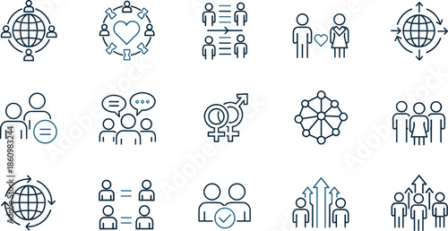 Diversity inclusion icon set showing global community connection, equality, teamwork, gender balance, people communication, social network, human rights support, collaboration illustration