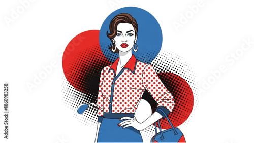 Woman standing confidently with a red and blue background, illustrated in a retro pop art style