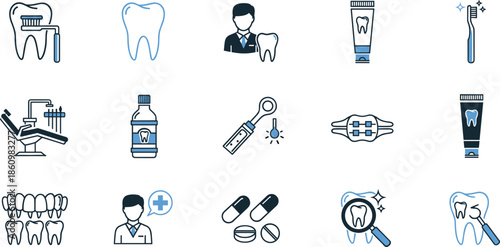 dental care line icons set, toothpaste, toothbrush, dentist, braces, oral hygiene, clinic equipment, healthy teeth, prevention, treatment, medical illustration vector collection symbol