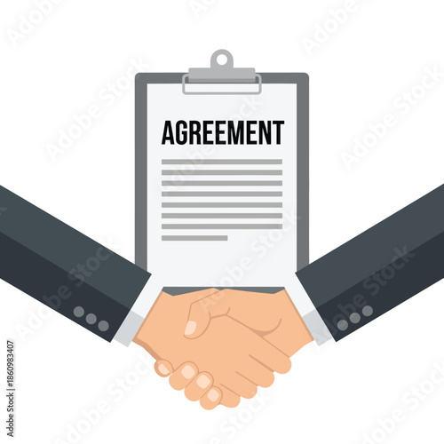 Business Partnership Handshake Agreement Vector Illustration with Contract Clipboard Background