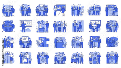 Collection of people in various professions and activities illustrated in a monochromatic blue style