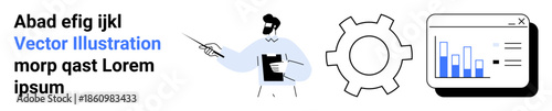 Person pointing at data chart, gear symbol for settings, bar graph in web browser window. Ideal for business process, analytics, workflow, planning, teamwork, decision-making simple landing page