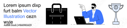 Business success, leadership, recognition, goal achievement, career growth, corporate concepts. Man working on laptop, briefcase trophy. Leadership and recognition clearly