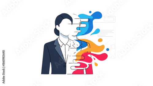 A woman in a business suit with colorful paint splashes on her face