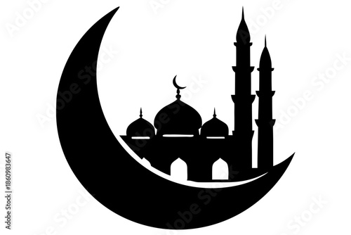Moon with Mosque laser cutting silhouette vector, Mosque laser cutting black symbol
