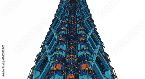 A striking futuristic skyscraper design featuring intricate geometric patterns and a vibrant teal-blue and orange color palette, symbolizing modern architecture.