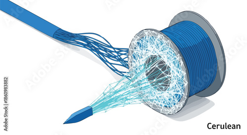 A vibrant cerulean fiber optic cable unspools from a reel, illustrating the intricate web of modern high-speed data transmission and global digital connectivity.