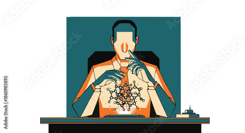 A thoughtful businessman contemplates a glowing molecular structure, symbolizing scientific innovation, research, or a complex challenge at the forefront of modern industry.