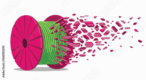 A vibrant pink spool with green wire is shown digitally disintegrating into numerous abstract geometric fragments, symbolizing data transfer and technological change.