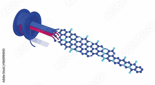 A conceptual illustration shows a spool unraveling into a sophisticated graphene lattice, representing cutting-edge advancements in material science and nanotechnology research.