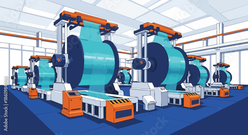 Automated industrial machinery processes continuous rolls of material within a contemporary, high-tech factory, showcasing efficient manufacturing and production.