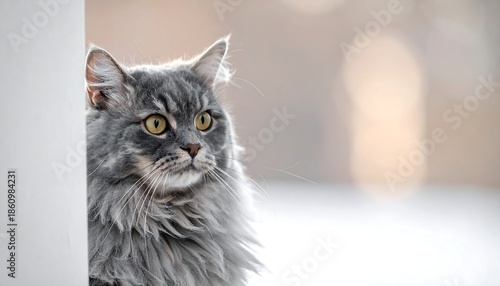 A fluffy, gray feline with yellow eyes looks alert, peeking from behind a white structure, blurred background