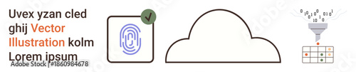Data privacy, cloud storage, file organization, identity verification, digital security, information filtering. Fingerprint icon, cloud and data funnel . Cloud storage and data privacy