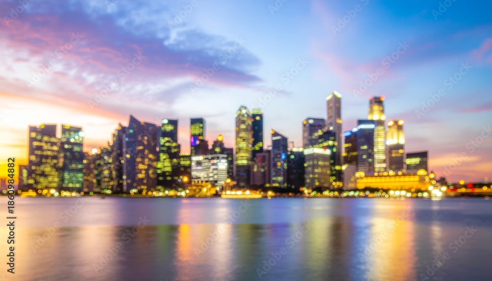 Fototapeta premium ソフトフォーカスの背景画像 水面に映る海沿いのオフィスビル街のイメージ画像 夕暮れ、イルミネーションのイメージ