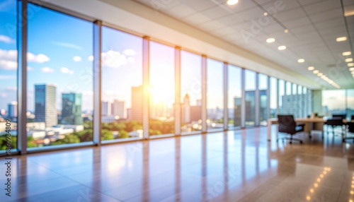 ソフトフォーカスのぼやけたイメージ画像　モダンなオフィスの窓から見たオフィスビル群の風景　太陽の光が射し込むオフィス　高層ビルのシルエット