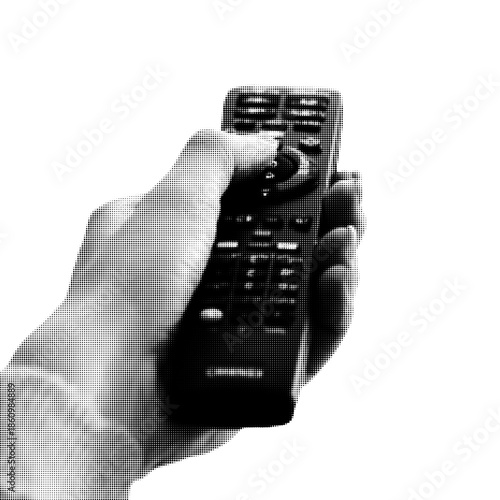 Black and white halftone illustration of a human hand holding a TV remote control. Minimal retro style symbolizing technology, entertainment, media control, streaming, and home leisure.