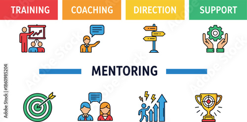 Mentoring training coaching direction support concept, business guidance illustration, leadership 