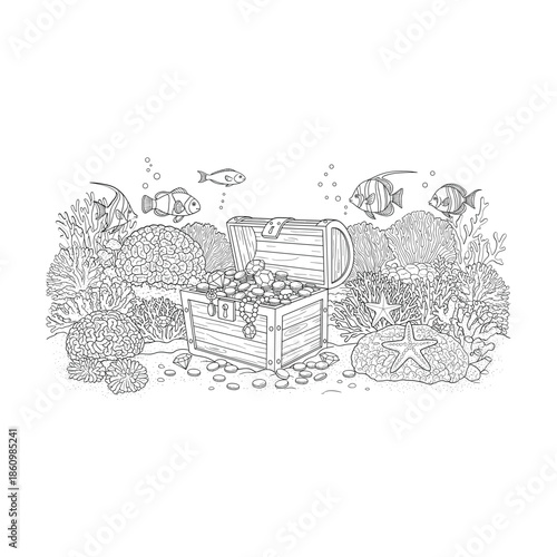 Treasure chest in underwater scene Vector, illustration