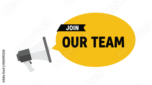 Recruitment announcement illustration with a megaphone and join our team message in a yellow speech bubble