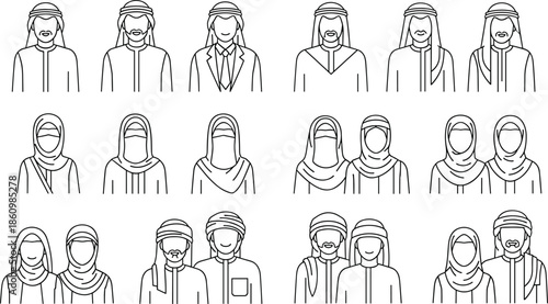 Middle Eastern people avatar icons set, Arabic men and women in traditional clothing, cultural diversity, community, communication, business, identity illustration
