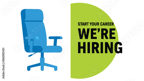 We are hiring career recruitment illustration with a blue office chair and green banner