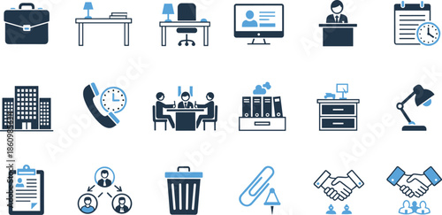 Office workplace business icons set, corporate meeting communication symbols, desk equipment stationery, schedule management teamwork, 