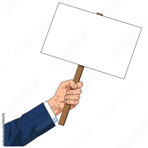 Hand in a business suit holding a blank white sign for protest or announcement message