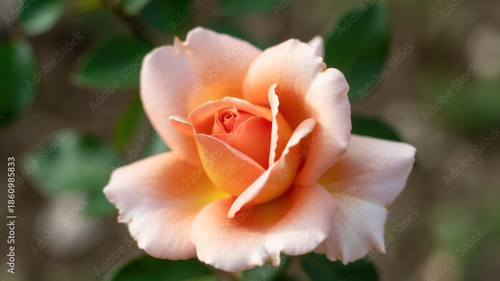 Fototapeta premium Vibrant peach and apricot rose in soft focus garden setting, beautiful
