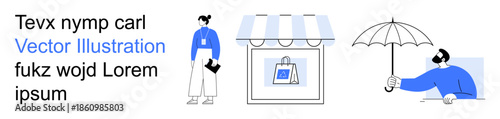 Online shopping, e-commerce, retail business, delivery, customer service, lifestyle. A storefront bag, a customer holding an umbrella and a store manager character. E-commerce and retail business