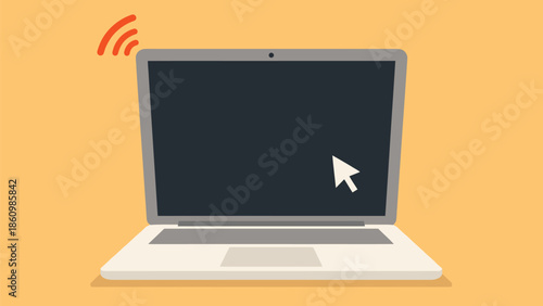 Laptop computer illustration with cursor and wireless signal icon representing online connectivity