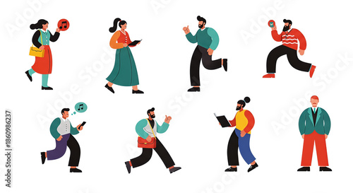 A diverse group of people engaging in various activities, showcasing modern lifestyle and culture