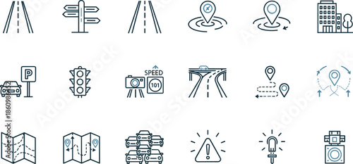 Road navigation traffic icons set, location map route symbols, parking sign speed control, highway direction travel safety, transportation guidance illustration collection