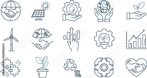 Sustainability eco icon set, renewable energy environment growth recycling cooperation symbols, green business development, climate protection and nature care outline vector collection