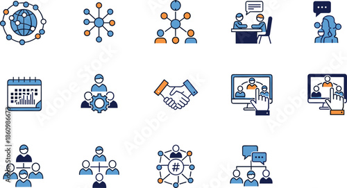 teamwork collaboration icon set, business network connection, people management communication, partnership meeting, leadership organization, corporate community social interaction vector illustration