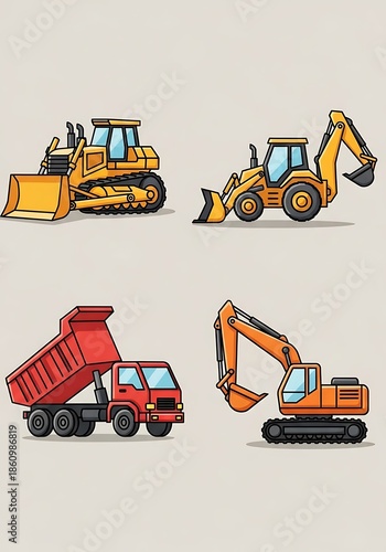 Heavy construction vehicles and machinery.