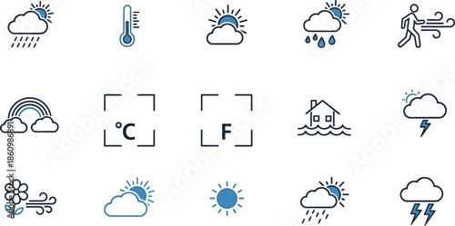 Weather forecast climate icons set, temperature wind rain sunshine symbols, storm thunder lightning, seasonal conditions, meteorology illustration collection graphic design