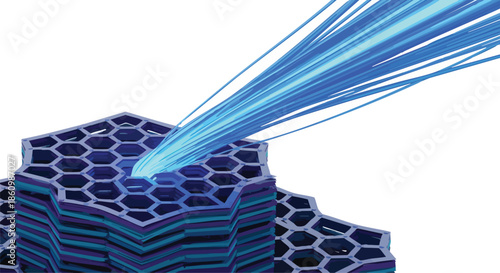 Abstract representation of light beams emanating from a hexagonal molecular structure, symbolizing data transfer and scientific innovation.
