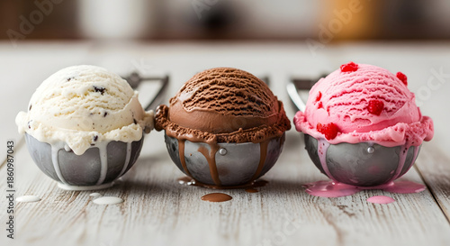 Three assorted flavored ice cream scoops in metal cups on wooden table