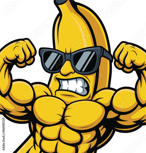 Muscular banana cartoon character flexing with sunglasses