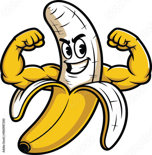 Muscular banana cartoon character flexing strong arms