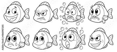 Cartoon fish characters displaying various emotions including happiness, anger, surprise, and sadness, illustrated in a playful style, showcasing a range of expressions and underwater elements